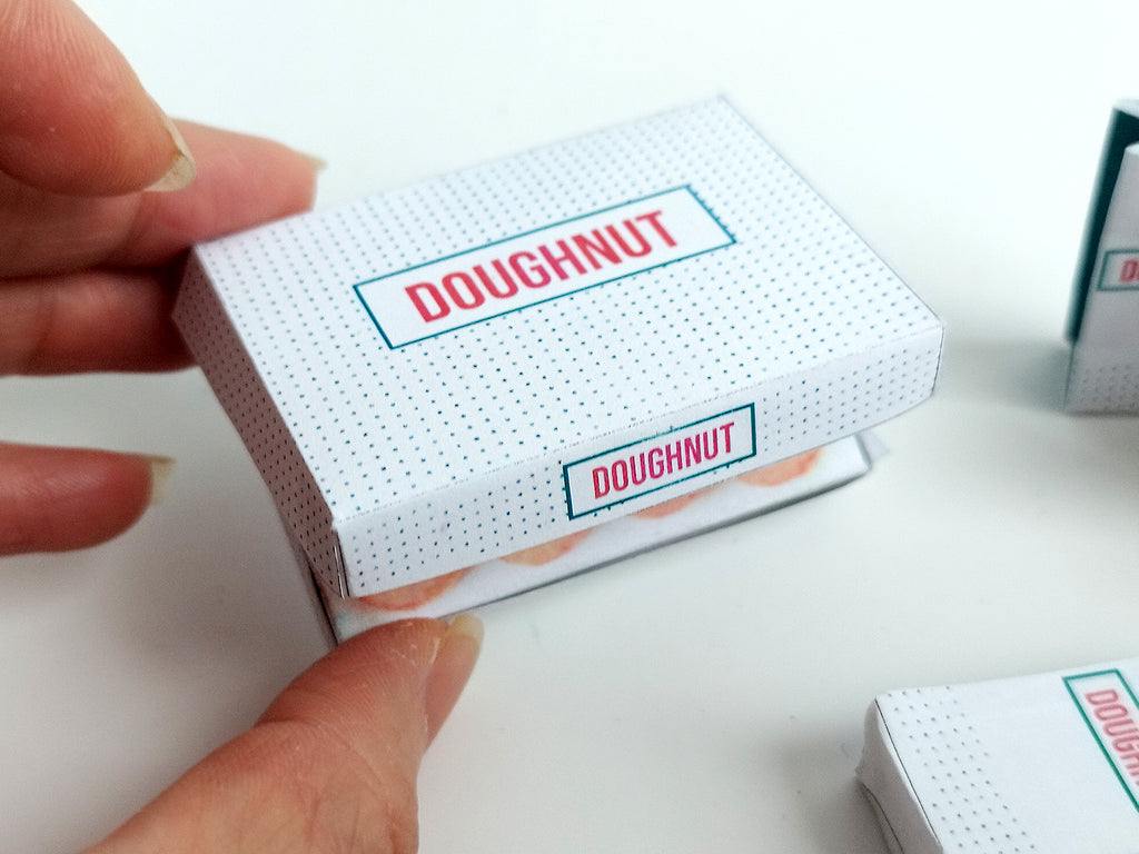 Printable dollhouse fast food set with doughnuts, coffee, and tray, DIY miniature template for dolls.