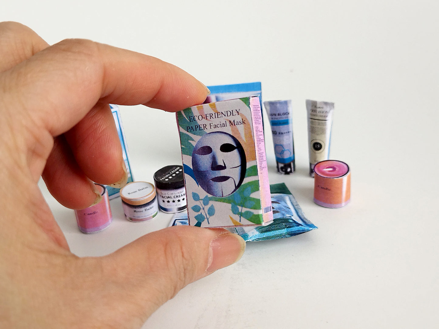 11 items Skincare miniatures for dollhouse 1:6 miniature play, facial masks, lip mask, foot mask, hand cream, sunblock and candles