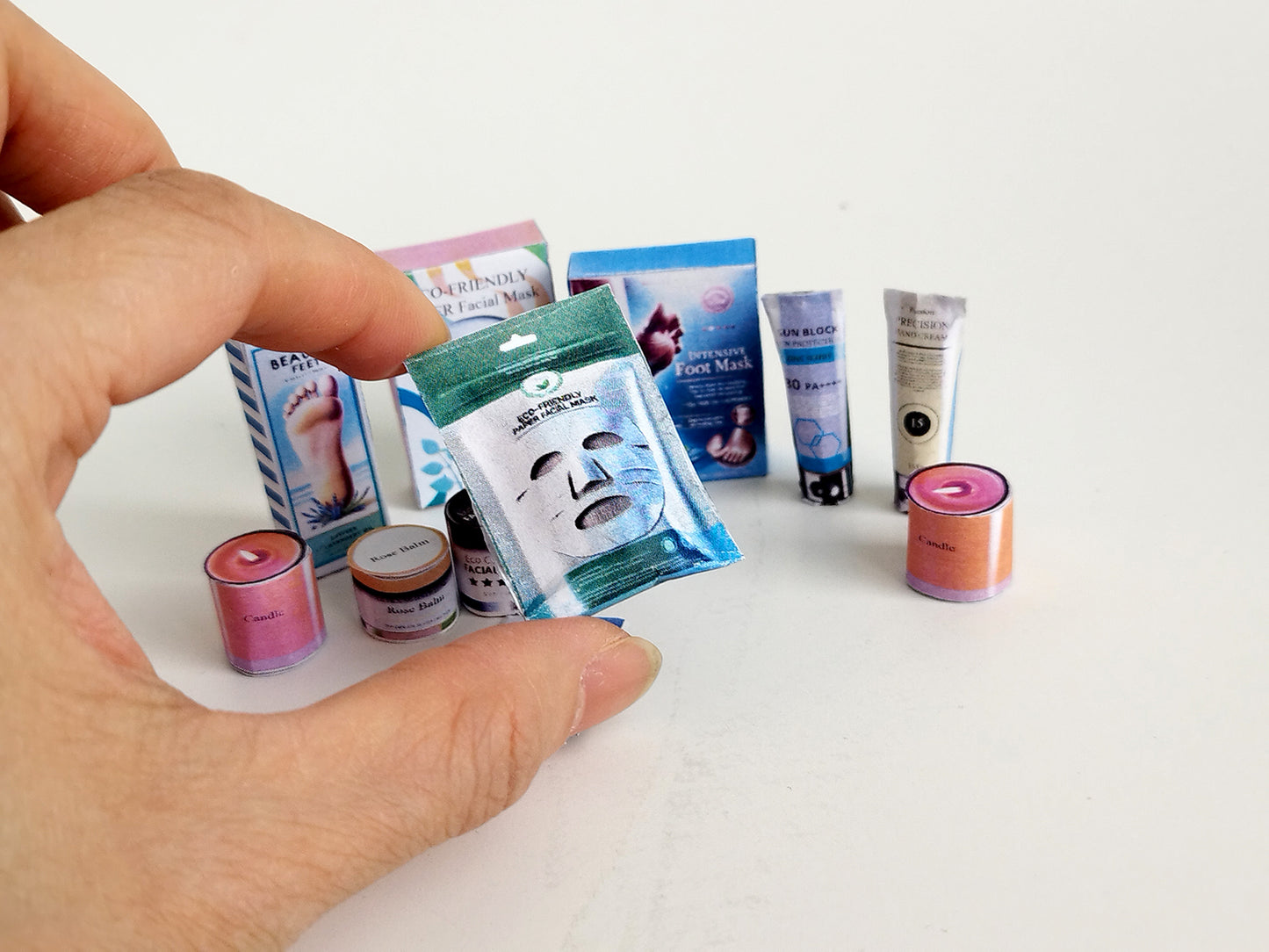 11 items Skincare miniatures for dollhouse 1:6 miniature play, facial masks, lip mask, foot mask, hand cream, sunblock and candles