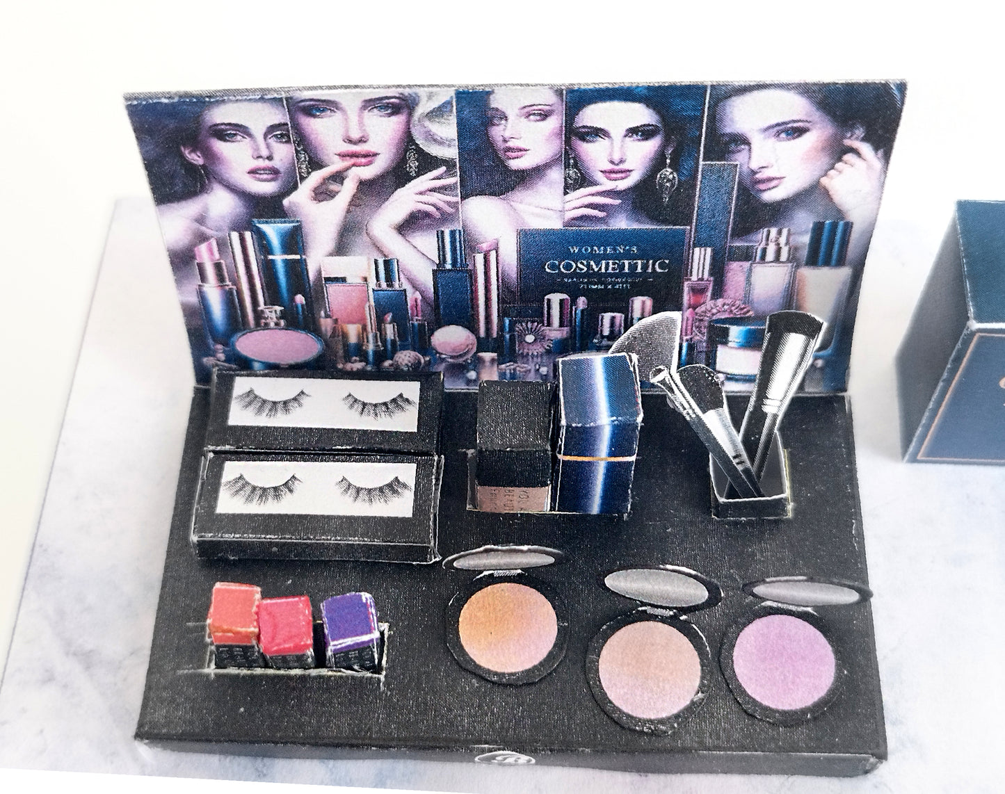 16 item make up and Cosmetic Display for dollhouse 1:6 miniature play, eyeshadows, foundations, lip gloss, brushes and foundation