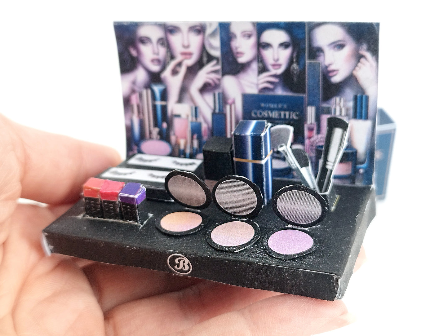 16 item make up and Cosmetic Display for dollhouse 1:6 miniature play, eyeshadows, foundations, lip gloss, brushes and foundation