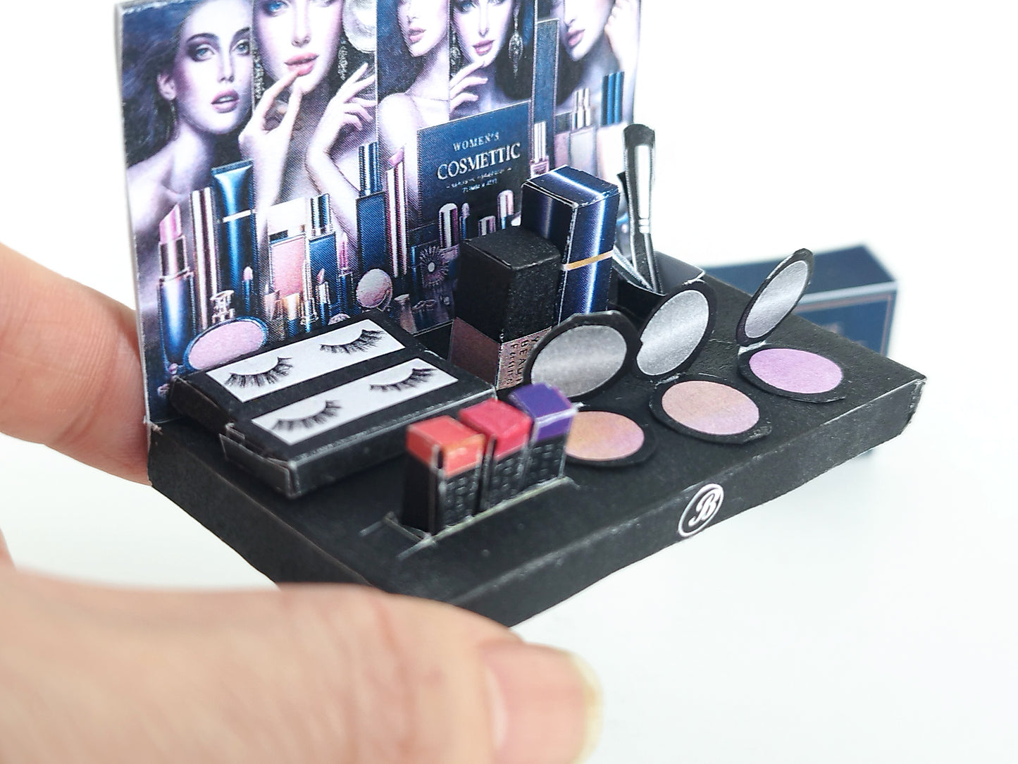 16 item make up and Cosmetic Display for dollhouse 1:6 miniature play, eyeshadows, foundations, lip gloss, brushes and foundation