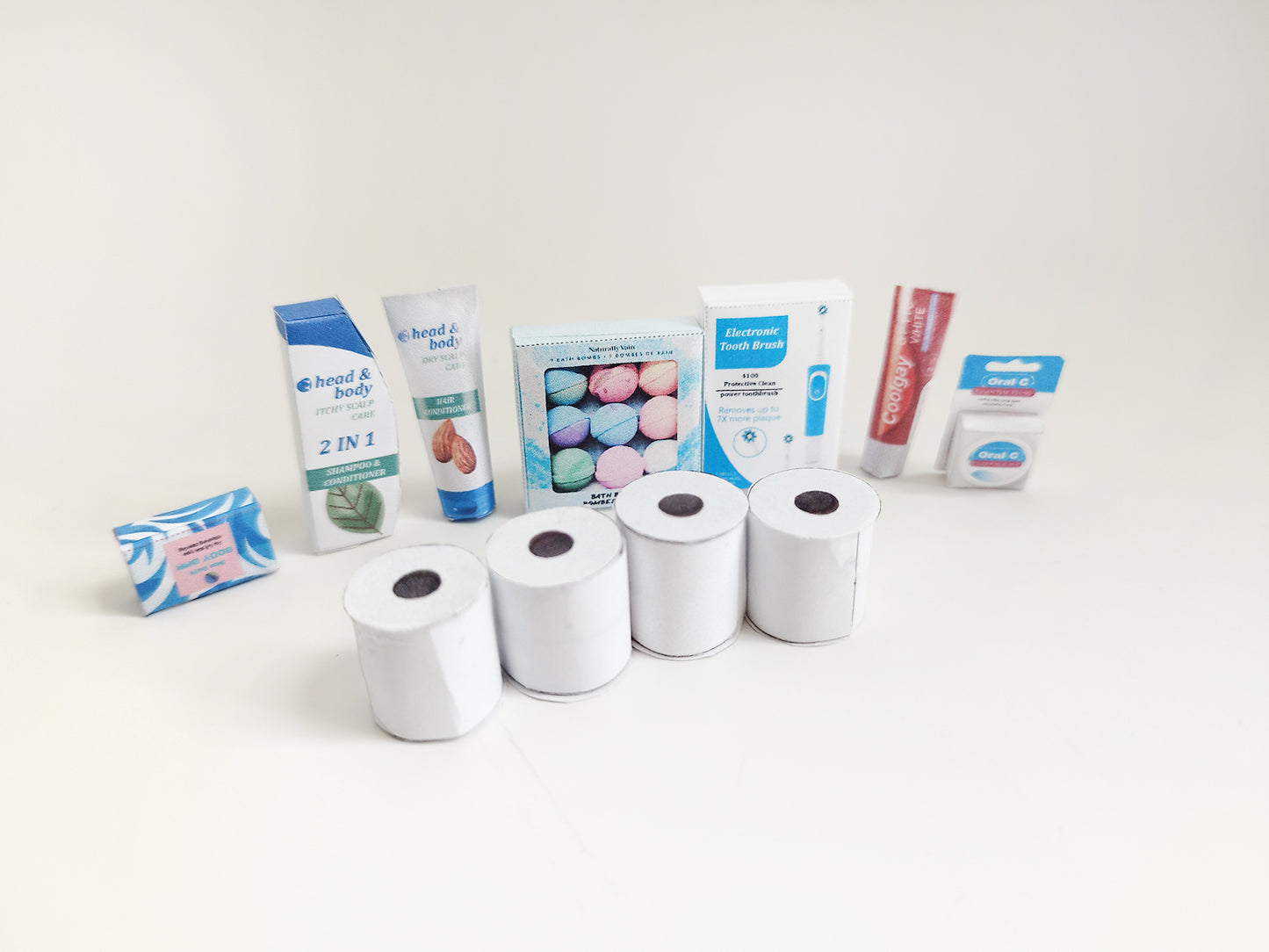 1:6 toilet, washroom, restroom set; Shampoo, Conditioner, Electronic tooth brush, Toothpaste ,Toilet paper roll, for dollhouse, template