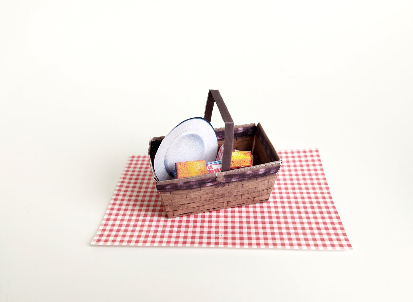 7 items Spring Picnic Outdoor basket, Mat, White bread loaf, Sided white breads, Strawberry jam and Plate, miniature project