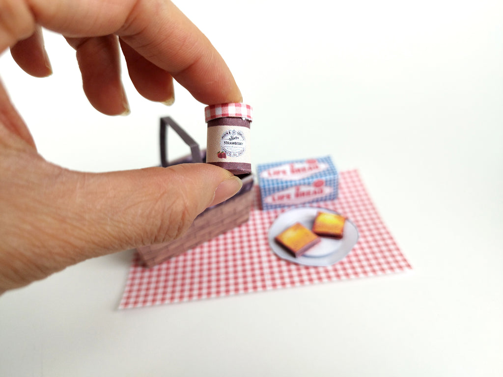 1:6 Spring Picnic Set — Miniature Basket, Mat, Bread Loaf, Jam & Plate (Printable Digital Miniatures)