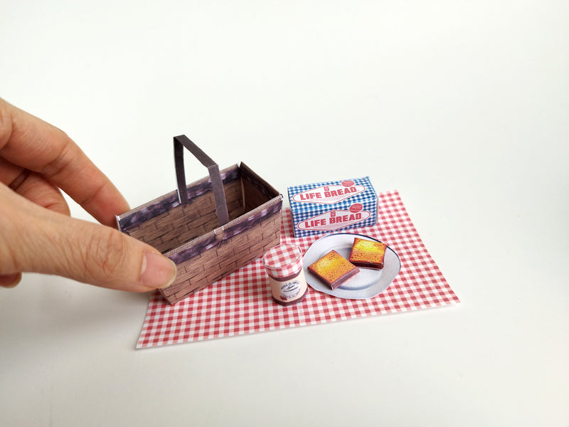 1:6 Spring Picnic Set — Miniature Basket, Mat, Bread Loaf, Jam & Plate (Printable Digital Miniatures)