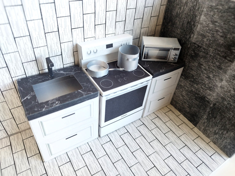A digital printable template for a 1:12 scale dollhouse mini kitchen sink, designed for BMM system dollhouse setups. The template features a detailed, modern kitchen sink with a sleek faucet, ready to be printed on regular paper, cut, and assembled for a miniature kitchen scene.

