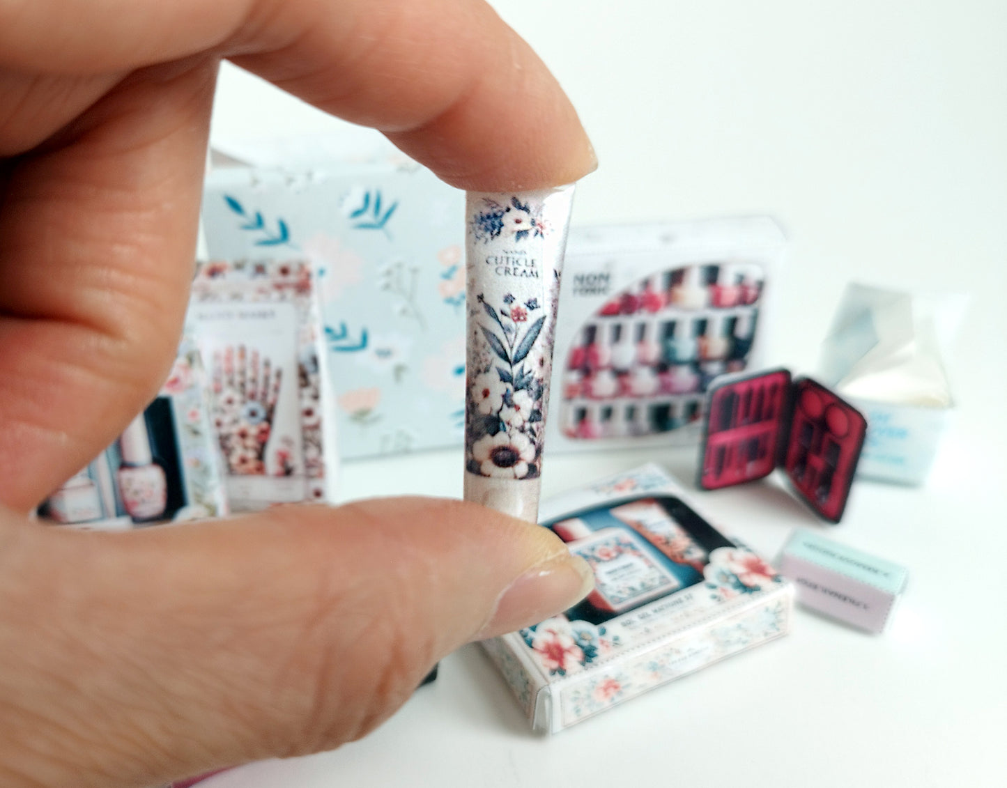 11 items Nail set miniatures for dollhouse 1:6 miniature play, hand masks, Gel sets, pulish remover box, hand cream, gift bag