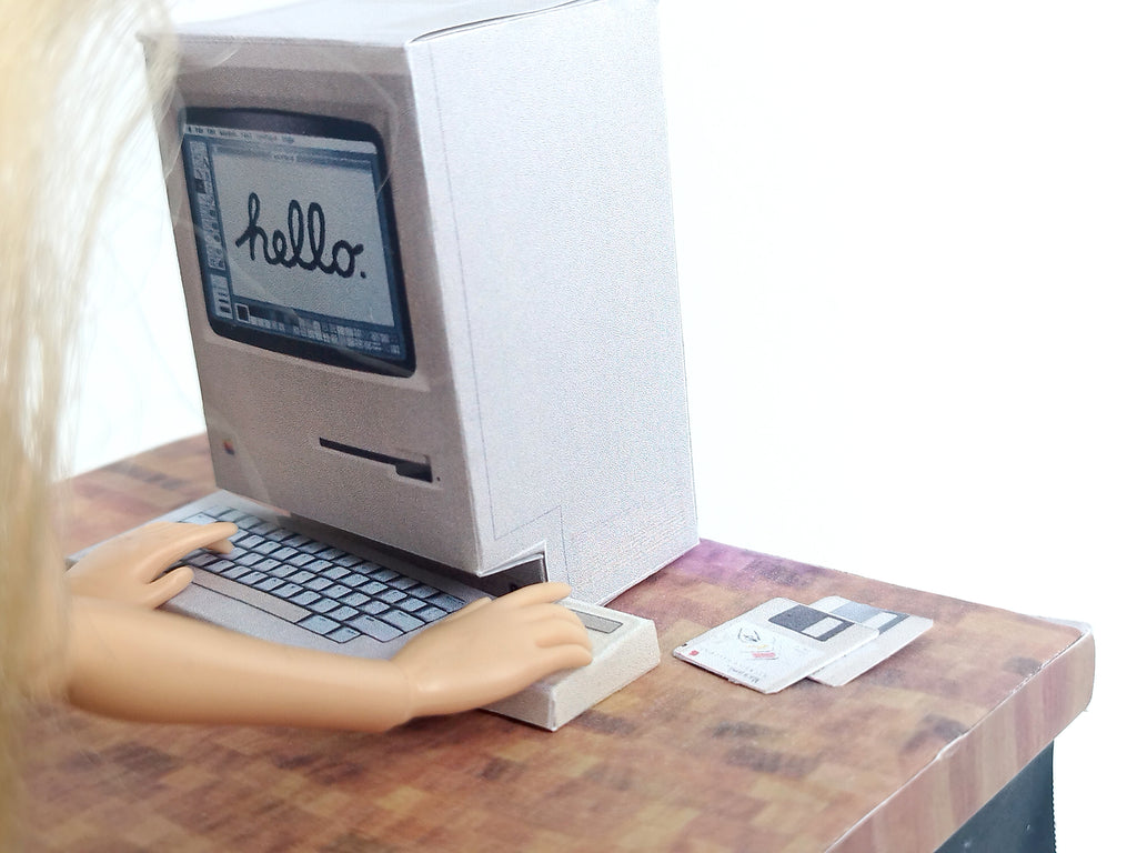 Printable DIY Macintosh computer 128K Christmas gift dolls office tool desk top for dollhouse ,5 items, 1:6 vintage miniatures