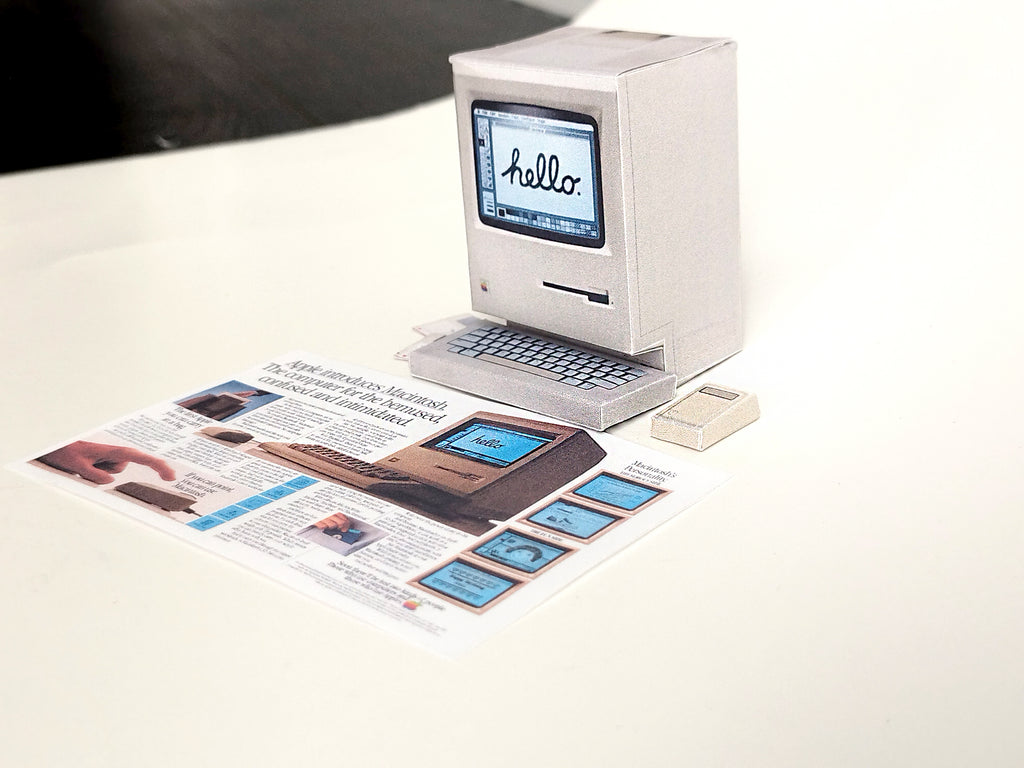 Printable DIY Macintosh computer 128K Christmas gift dolls office tool desk top for dollhouse ,5 items, 1:6 vintage miniatures