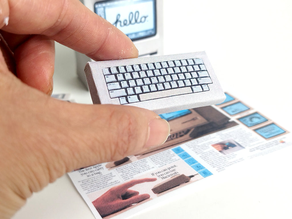 Printable DIY Macintosh computer 128K Christmas gift dolls office tool desk top for dollhouse ,5 items, 1:6 vintage miniatures