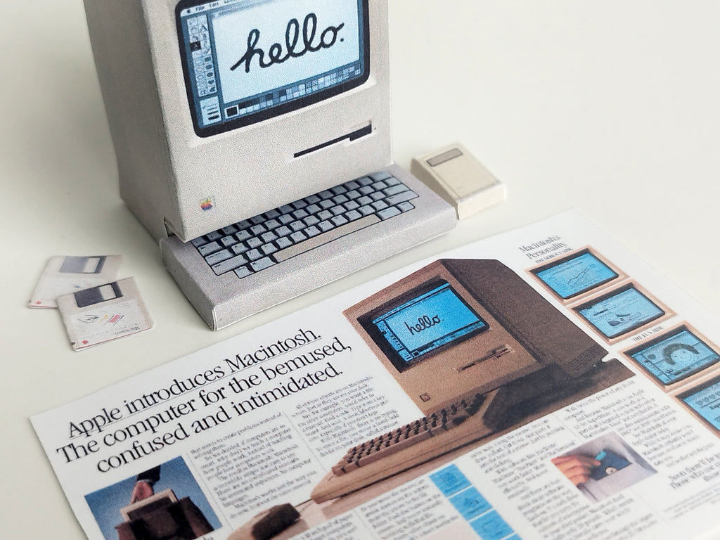 Printable DIY Macintosh computer 128K Christmas gift dolls office tool desk top for dollhouse ,5 items, 1:6 vintage miniatures