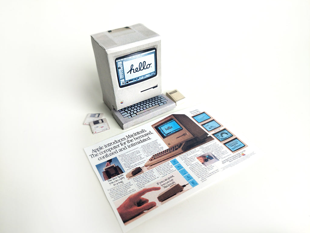 Printable DIY Macintosh computer 128K Christmas gift dolls office tool desk top for dollhouse ,5 items, 1:6 vintage miniatures