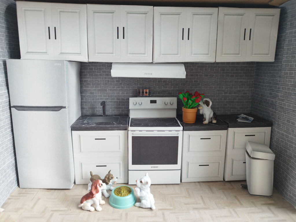 1:12 Kitchen scenes 10 in 1, Sink, refrigerator, stove, Printable Dollhouse furniture, DIY dollhouse, recycle