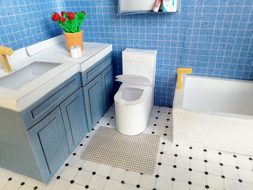 BMM Shoe Box Miniature, 1:12/ 4-5 inch doll , Bathroom scenes 10 in 1, Sink, Tub, Toilet, mirror,Printable Dollhouse furniture, DIY, recycle project, diorama