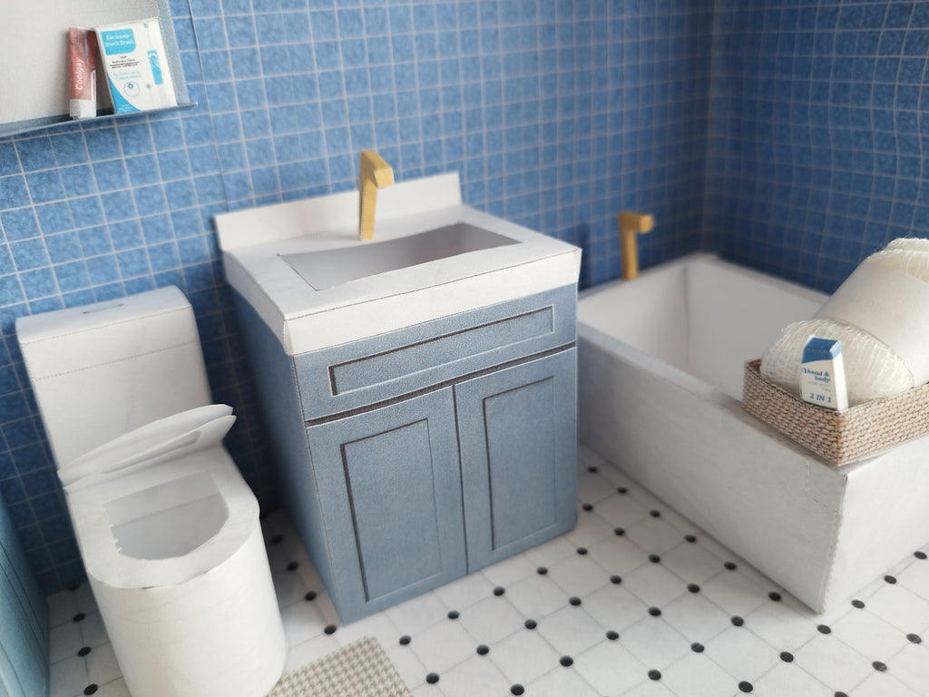 A digital printable template for a 1:12 scale dollhouse bathtub, designed for BMM shoe box bathroom scenes. The template features a detailed, elegant bathtub with clean lines, ready to be printed on regular paper, cut, and assembled for a miniature bathroom setup.