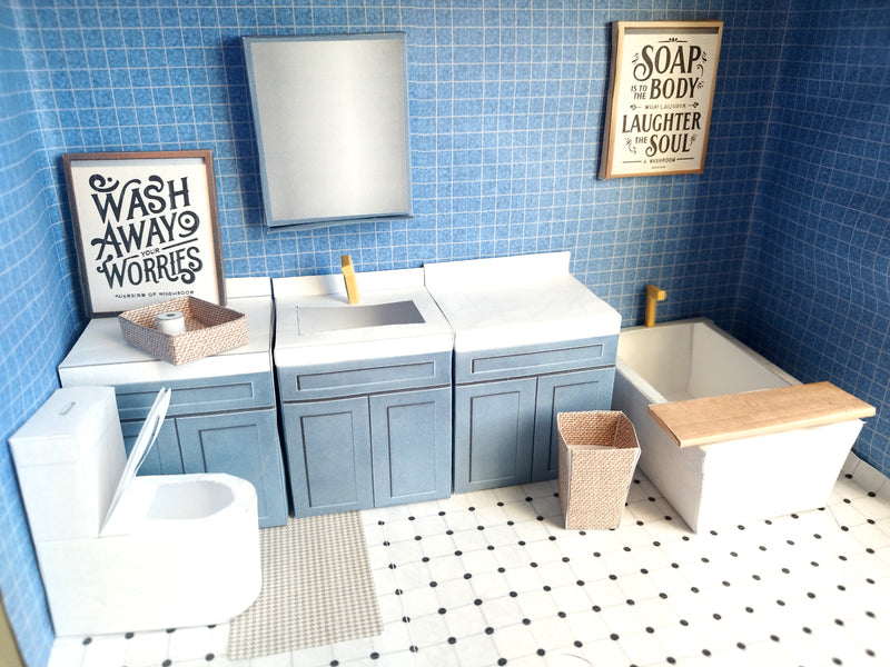 BMM Shoebox Miniature, 1:12/ 4-5 inch doll , Bathroom scenes 10 in 1, Sink, Tub, Toilet, mirror,Printable Dollhouse furniture, DIY, recycle project, diorama