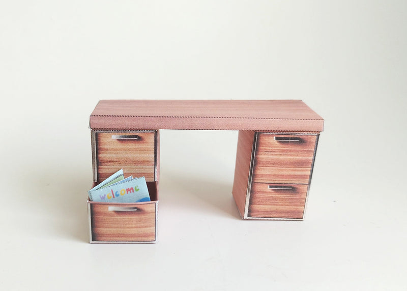 1:12 Bedroom mini wooden Desk, openable drawer - Printable Dollhouse furniture,  DIY, printable miniature template, BMM shoe box miniature