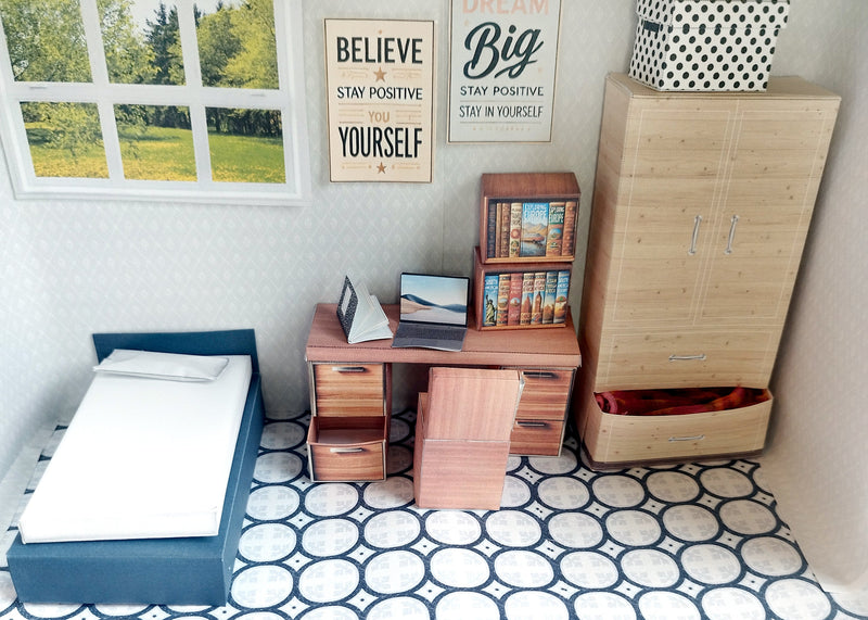 1:12 Bedroom mini wooden Desk, openable drawer - Printable Dollhouse furniture,  DIY, printable miniature template, BMM shoe box miniature