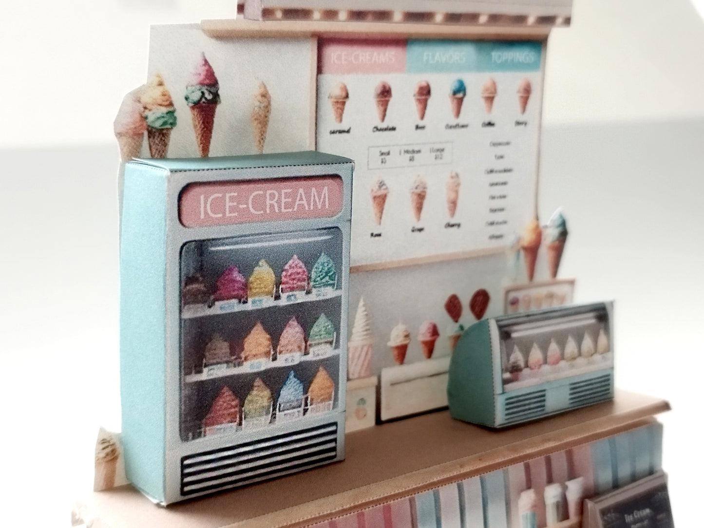 - Ice Cream Shop 3D stand - DIY scenery miniature craft kit, 3D stand, miniature models, refrigerator, ice cream counter, grocery, diorama