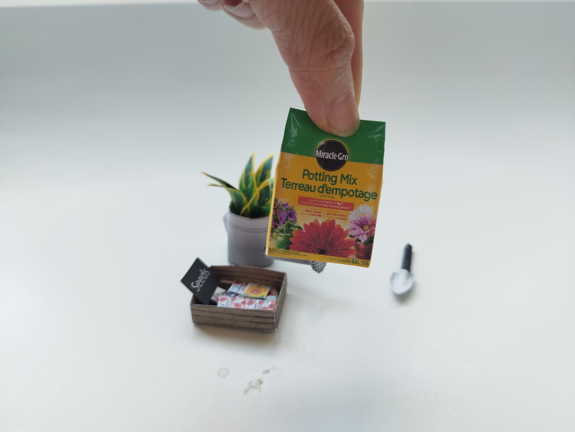 Garden backyard for dollhouse 1:6 scale printable, water pot, seeds, soil and tool, summer,
