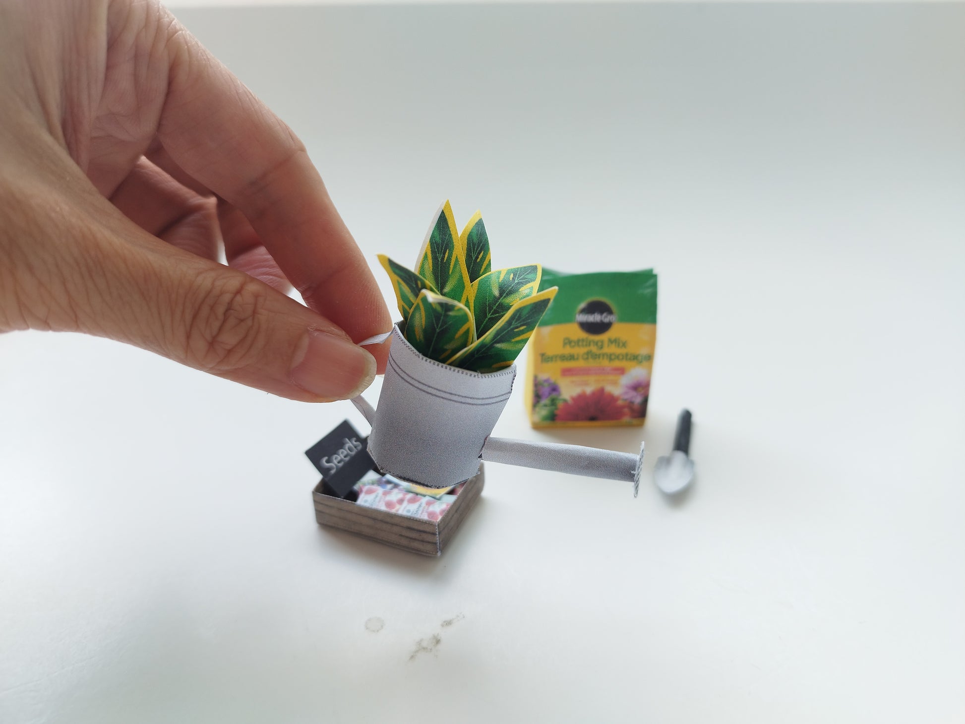 Garden backyard for dollhouse 1:6 scale printable, water pot, seeds, soil and tool, summer,