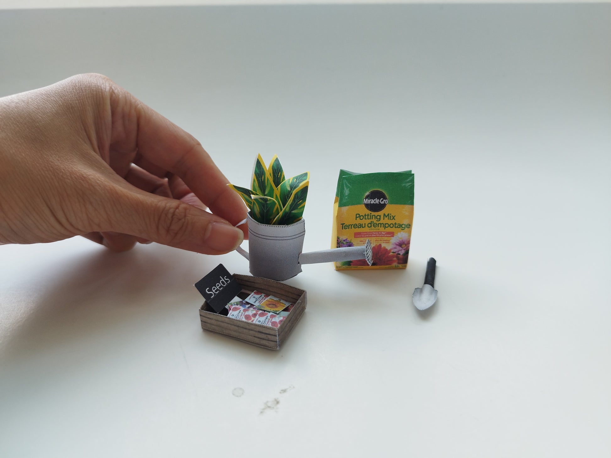 Garden backyard for dollhouse 1:6 scale printable, water pot, seeds, soil and tool, summer,