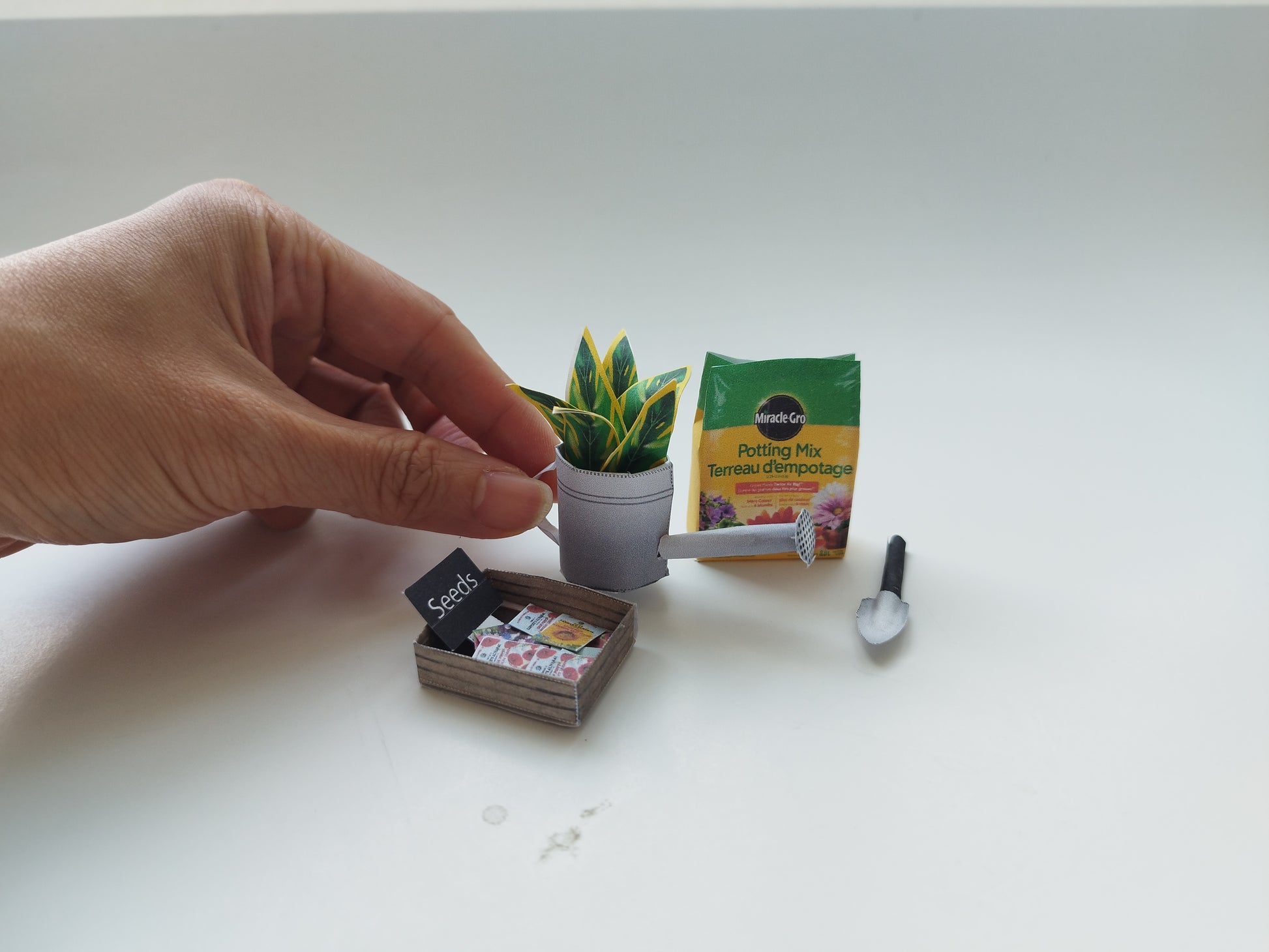 Garden backyard for dollhouse 1:6 scale printable, water pot, seeds, soil and tool, summer,