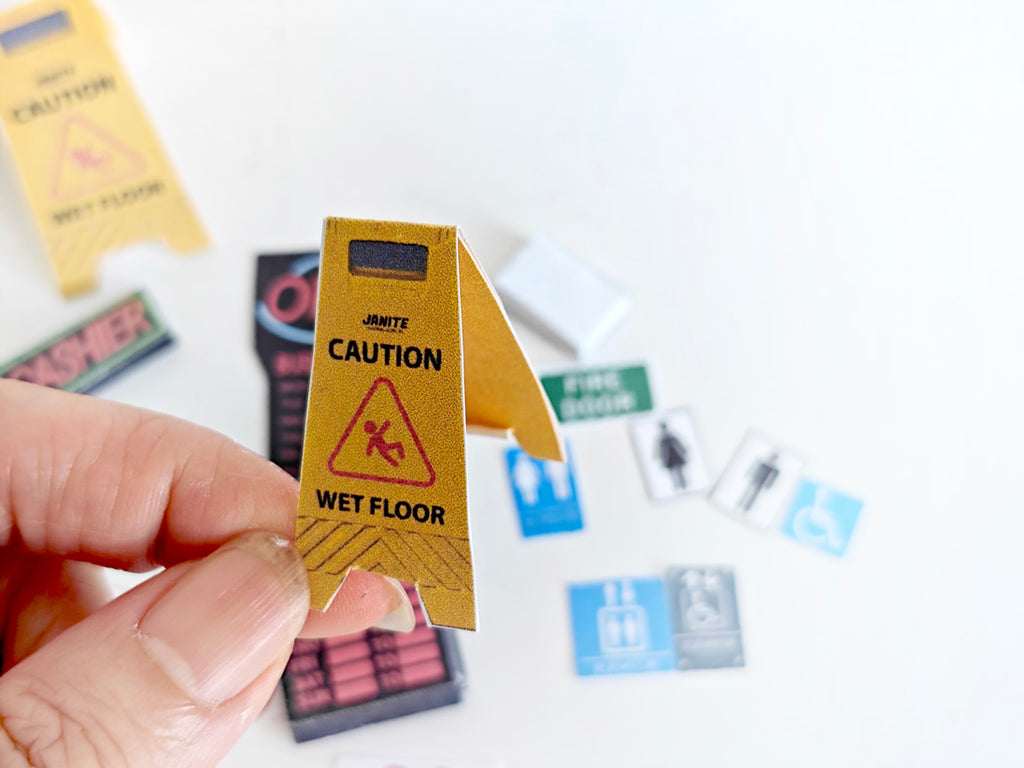 1:12 Miniature Shop Signs Set — Dollhouse Accessories (Wet Floor, Open, Exit, Cashier, Restrooms, Warnings & More)