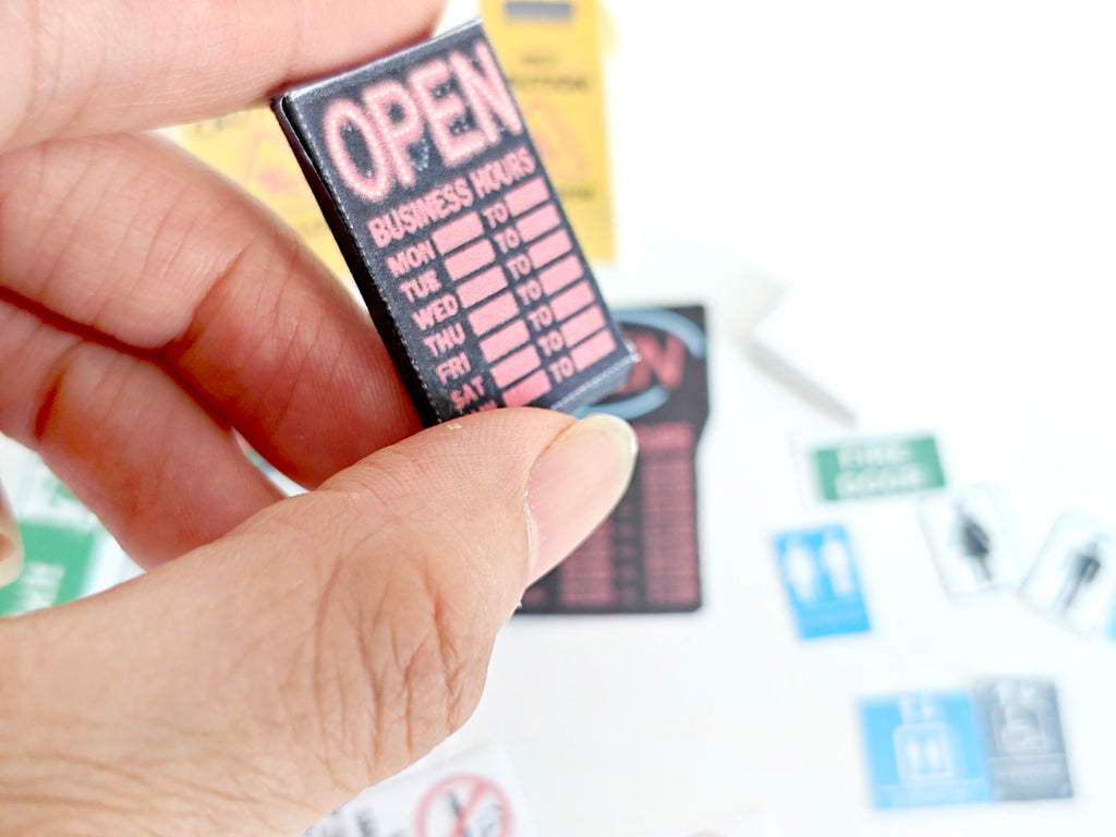1:12 Miniature Shop Signs Set — Dollhouse Accessories (Wet Floor, Open, Exit, Cashier, Restrooms, Warnings & More)