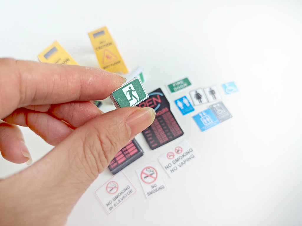 1:12 Miniature Shop Signs Set — Dollhouse Accessories (Wet Floor, Open, Exit, Cashier, Restrooms, Warnings & More)