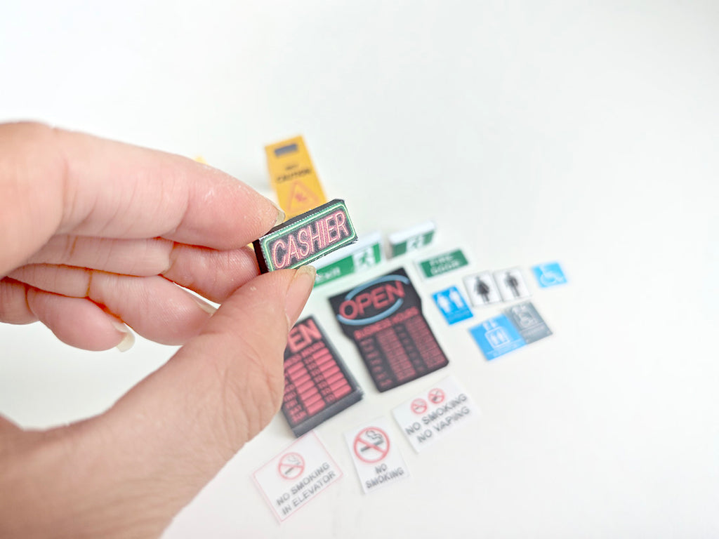 1:12 Miniature Shop Signs Set — Dollhouse Accessories (Wet Floor, Open, Exit, Cashier, Restrooms, Warnings & More)