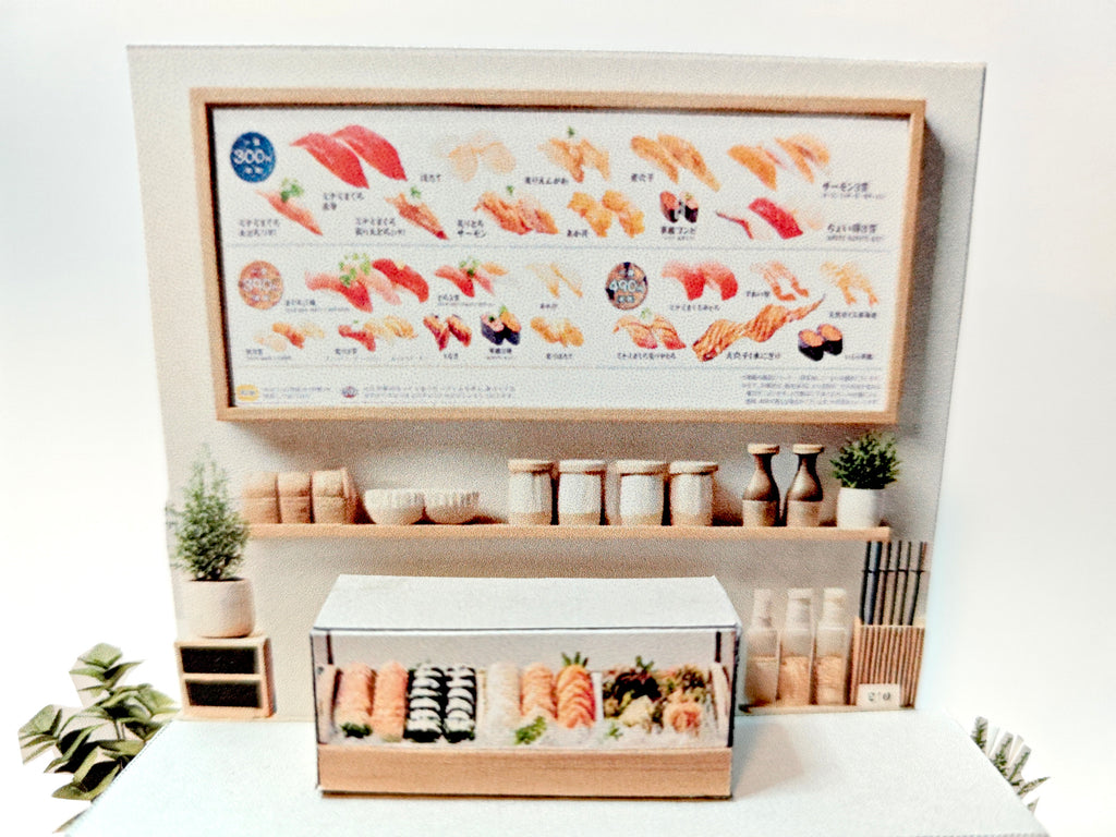 - Japan Sushi Shop 3D stand- DIY miniature scenery kit, japanese style decoration, sushi table, sushi tray, lantern , miniature model