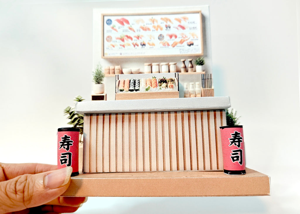 - Japan Sushi Shop 3D stand- DIY miniature scenery kit, japanese style decoration, sushi table, sushi tray, lantern , miniature model