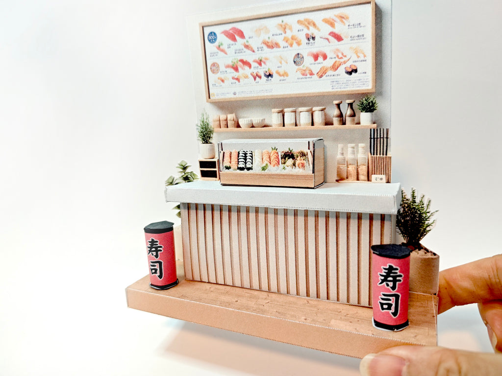 - Japan Sushi Shop 3D stand- DIY miniature scenery kit, japanese style decoration, sushi table, sushi tray, lantern , miniature model
