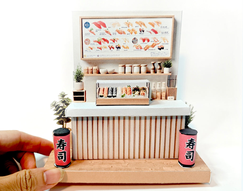 - Japan Sushi Shop 3D stand- DIY miniature scenery kit, japanese style decoration, sushi table, sushi tray, lantern , miniature model