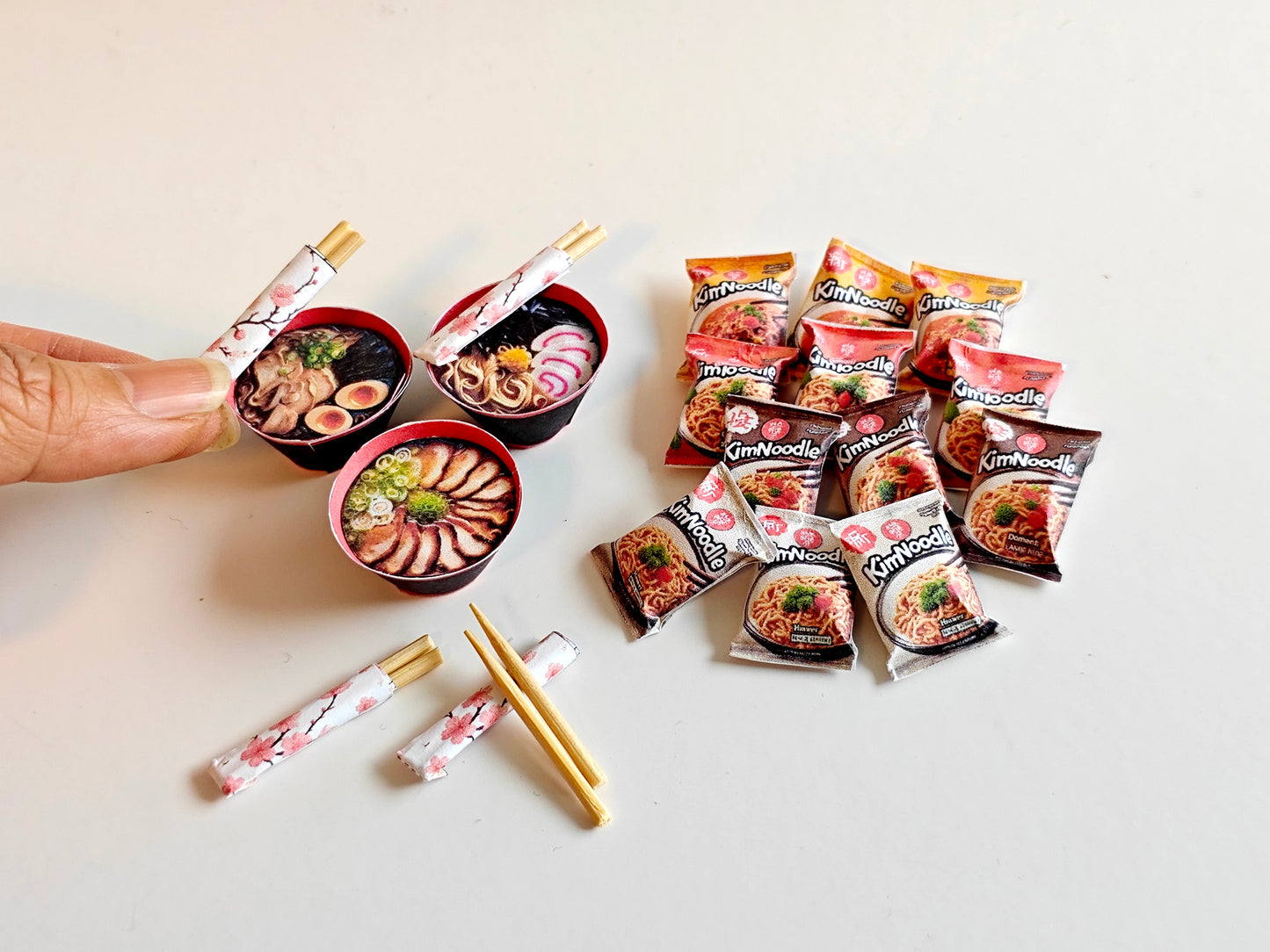 4 styles Instant Kim Noodle and 3 bowls of ramen noodle with chopsticks, 1:6 scale, Printable Dollhouse miniature template, diorama