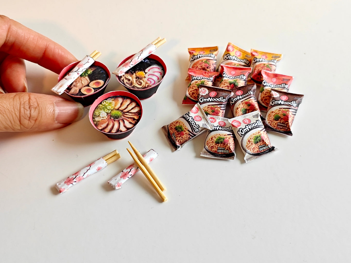 4 styles Instant Kim Noodle and 3 bowls of ramen noodle with chopsticks, 1:6 scale, Printable Dollhouse miniature template, diorama