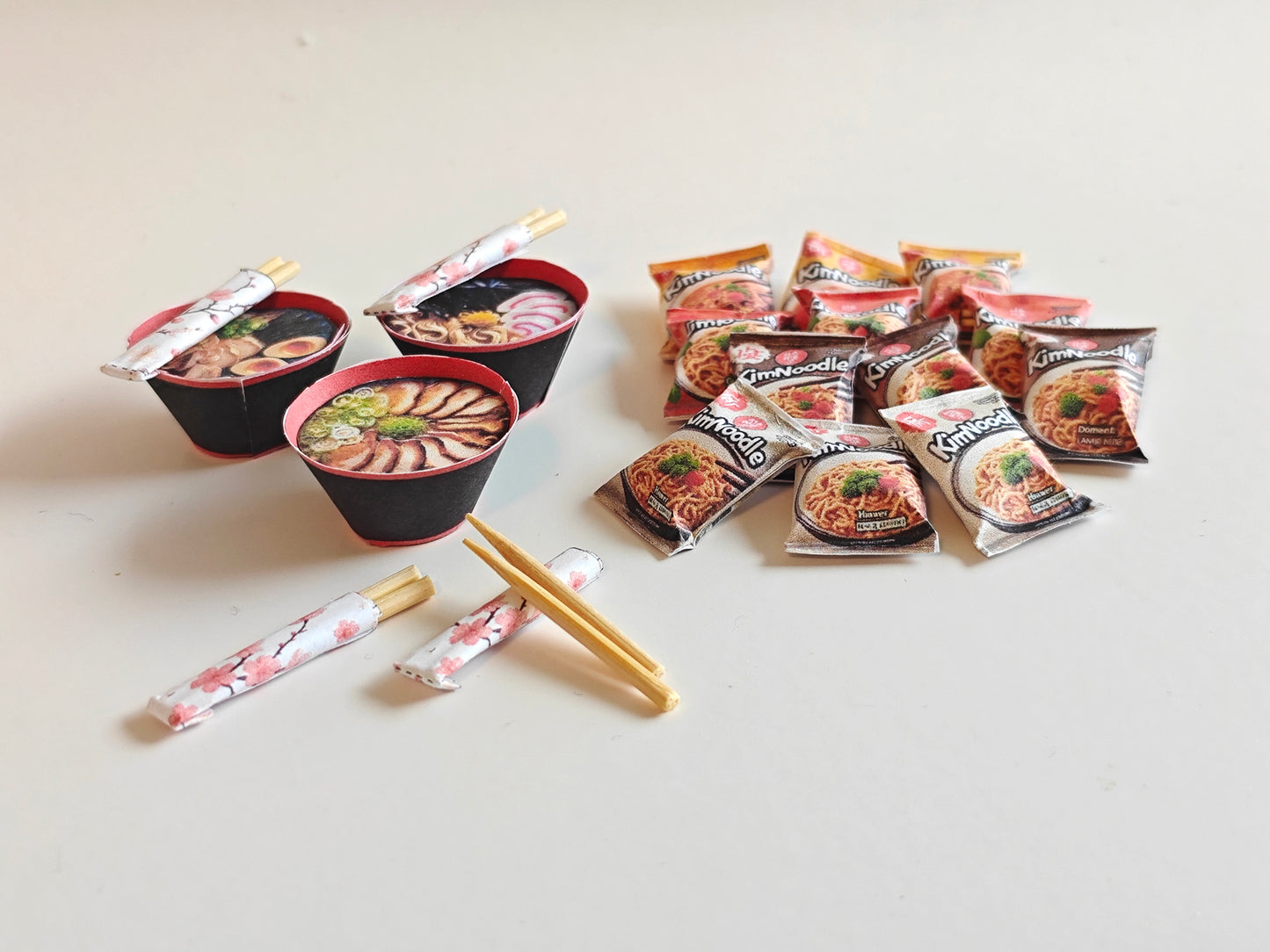 4 styles Instant Kim Noodle and 3 bowls of ramen noodle with chopsticks, 1:6 scale, Printable Dollhouse miniature template, diorama