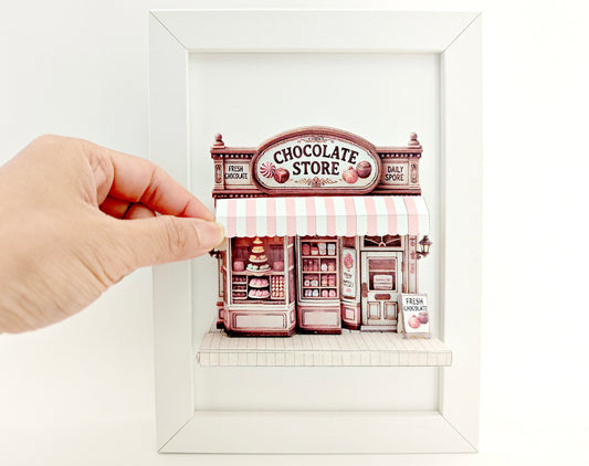 -5x7"- chocolate Store pop-up frame, DIY miniature scenery kit, instant download template, shadow box gift, Bread Shop, mini house, mini shop