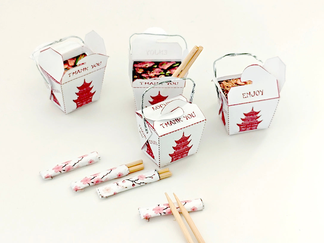 3 styles Chinese noodle boxes and chopsticks, 1:6 scale, Printable Dollhouse miniature template, diorama