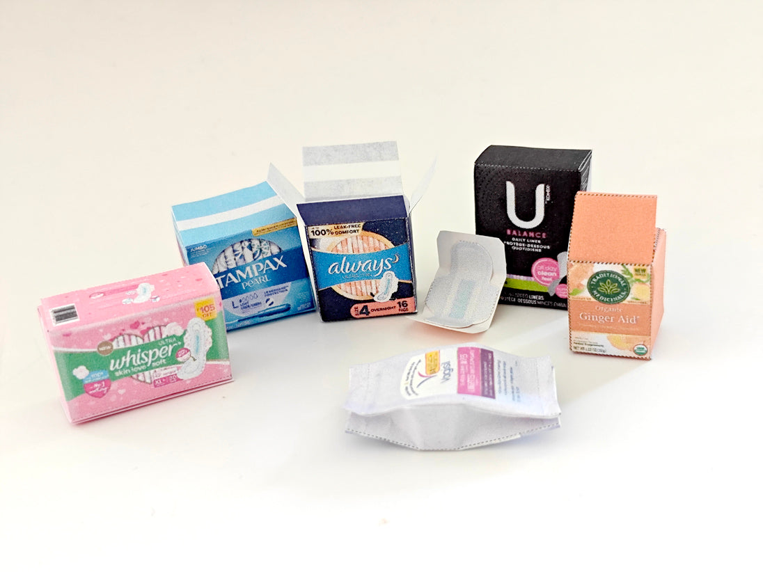 BMM 1：6 women menstruation Items,  7 styles in a file, Maxi Pads, wipers, Tampon for dollhouse, template, download