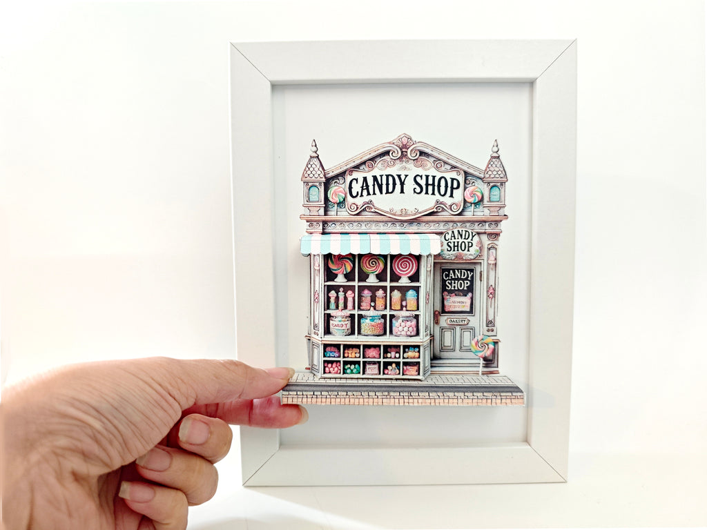 *FRER DOWNLOAD*5x7"- Candy shop pop-up frame, candy shop, cotton candy, DIY miniature scenery kit, shadow box gift, mini shop, mini city, street scenes