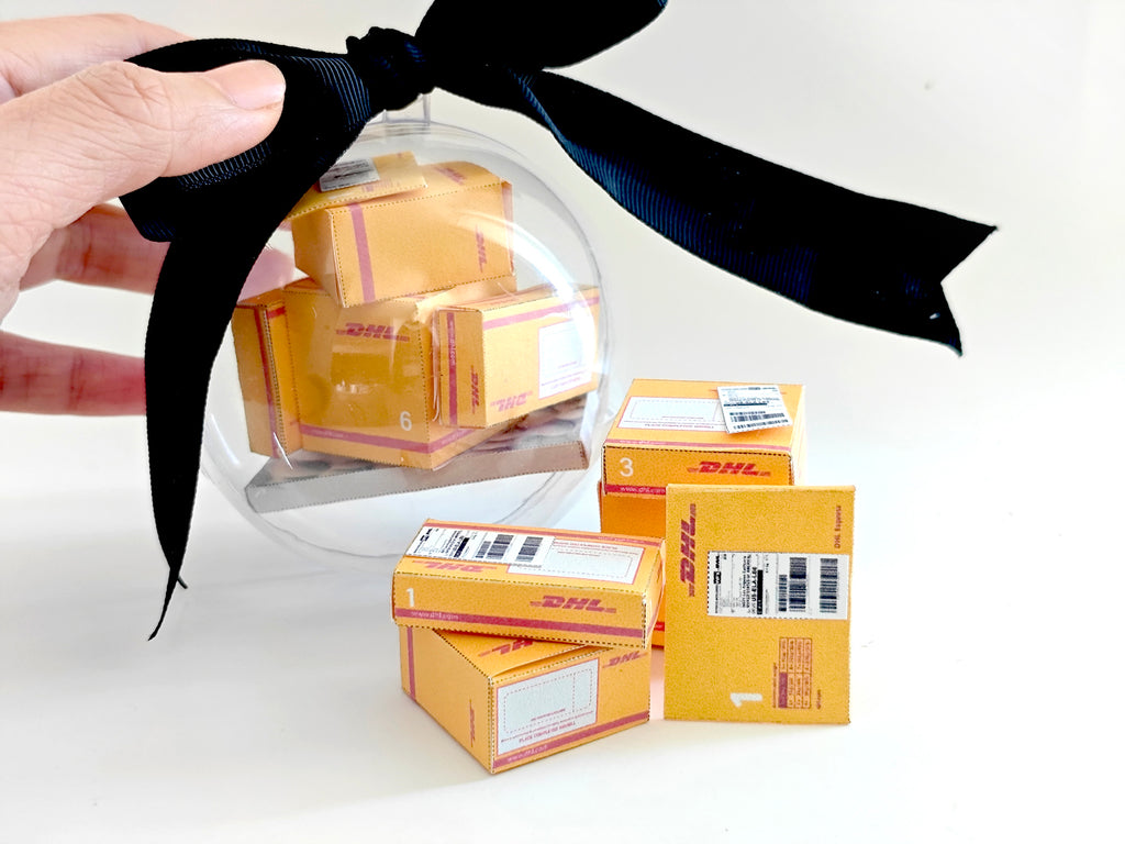 Open box 1:12 DHL delivery package and mini envelopes for dollhouse moving Christmas setting or gift, Ornaments
