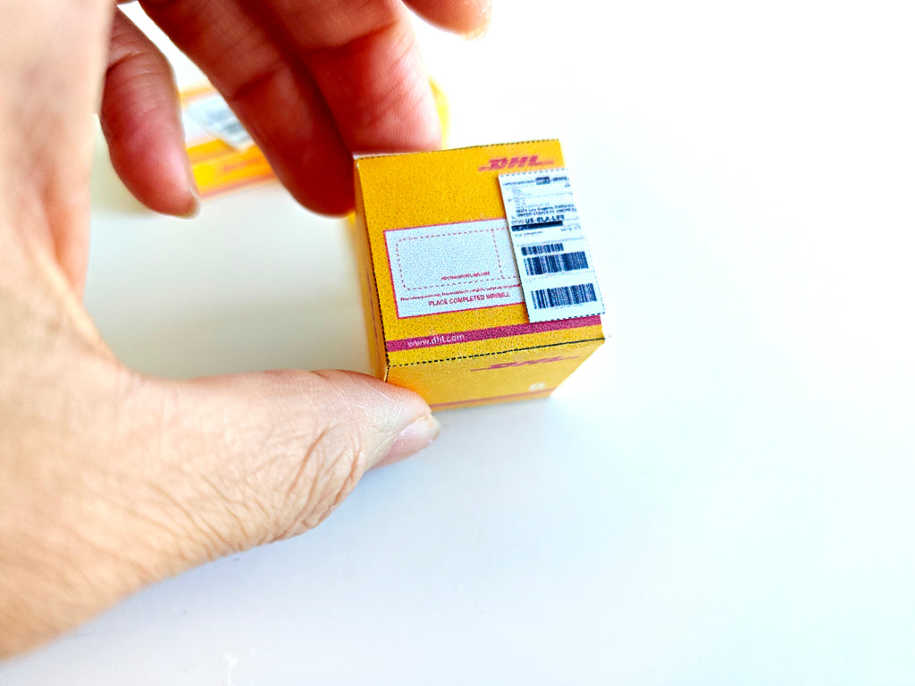 Open box 1:12 DHL delivery package and mini envelopes for dollhouse moving Christmas setting or gift, Ornaments