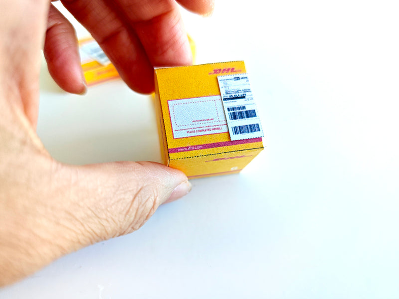 Open box 1:12 DHL delivery package and mini envelopes for dollhouse moving Christmas setting or gift, Ornaments