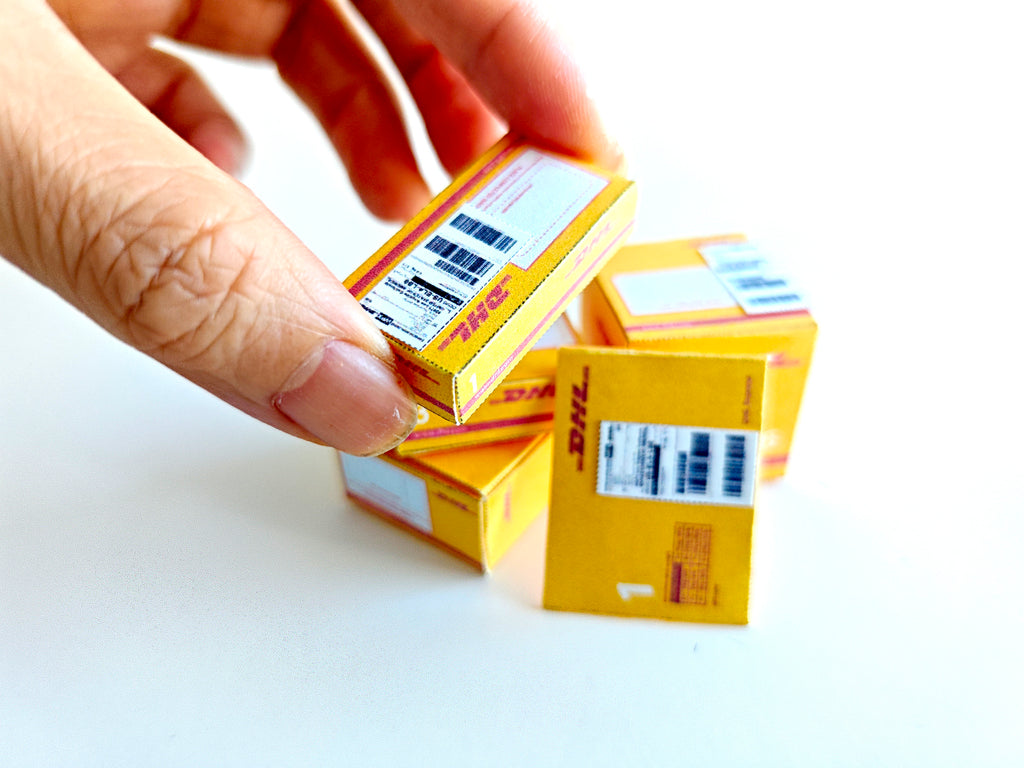 Open box 1:12 DHL delivery package and mini envelopes for dollhouse moving Christmas setting or gift, Ornaments