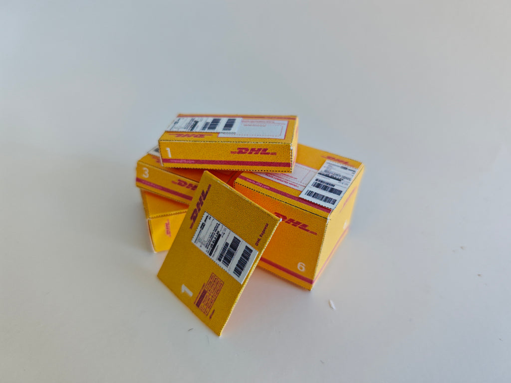 Open box 1:12 DHL delivery package and mini envelopes for dollhouse moving Christmas setting or gift, Ornaments