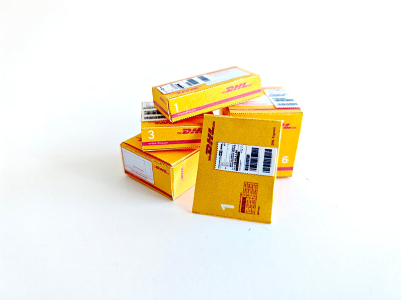 Open box 1:12 DHL delivery package and mini envelopes for dollhouse moving Christmas setting or gift, Ornaments