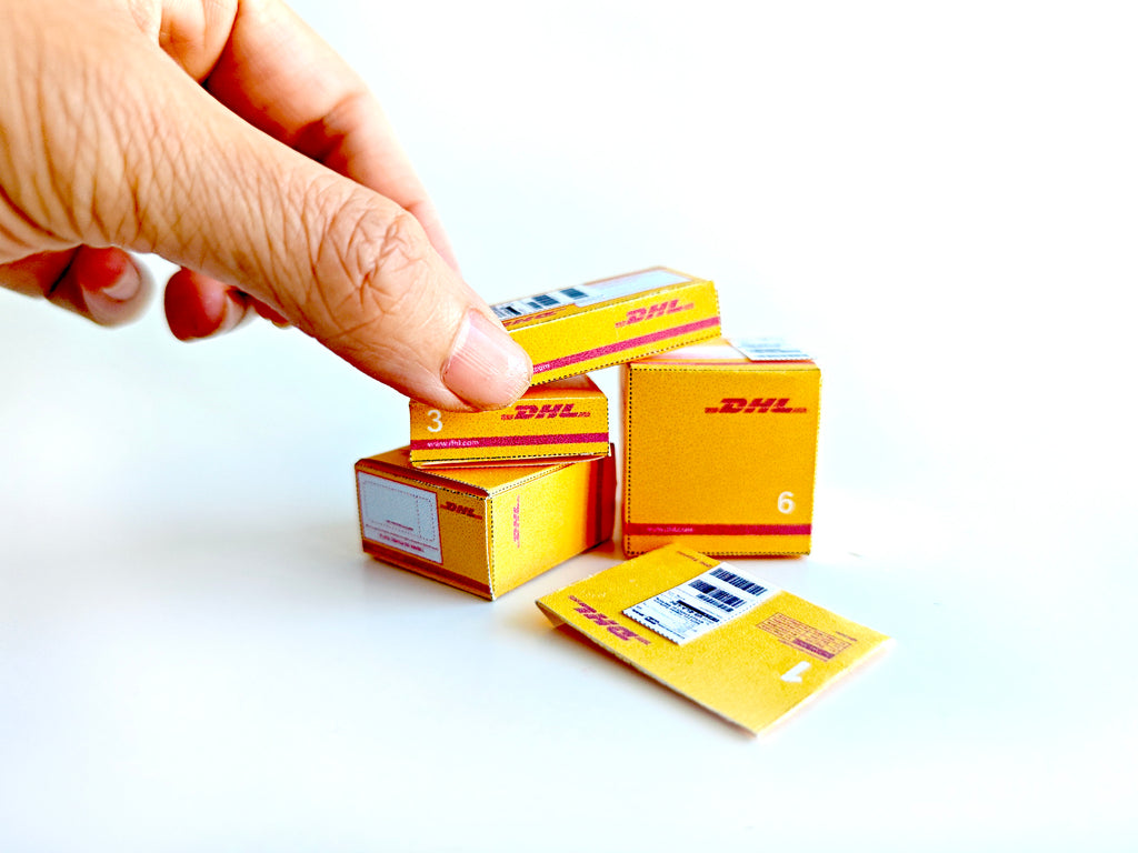 Open box 1:12 DHL delivery package and mini envelopes for dollhouse moving Christmas setting or gift, Ornaments